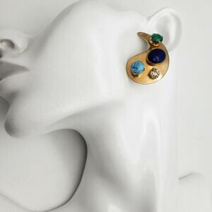 1980s Gold Clip On Earrings Teardrop Paisley Blue Boho Crescent Statement Runway